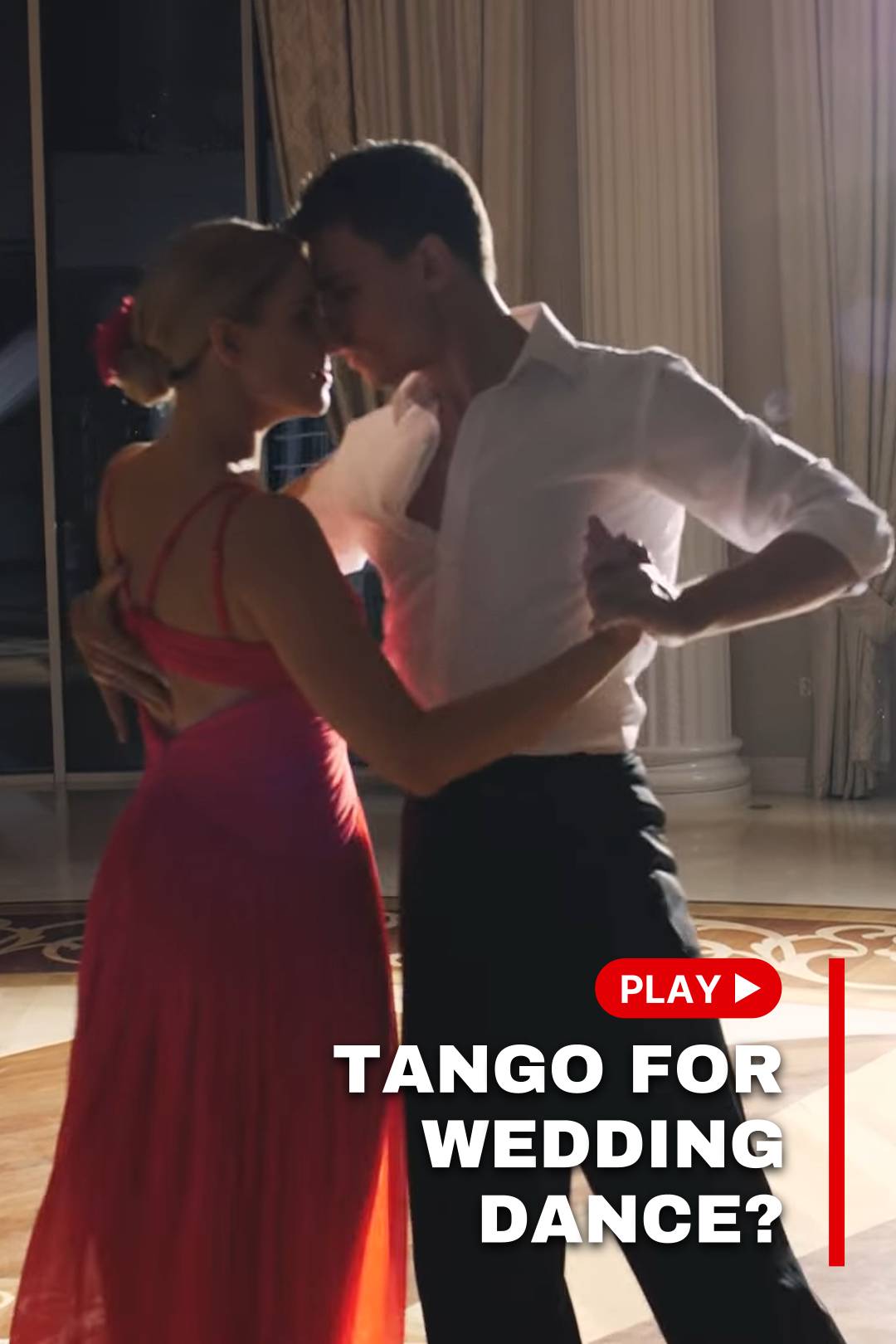 Women in a red dress dancing tango with a man in white shirt and black pants